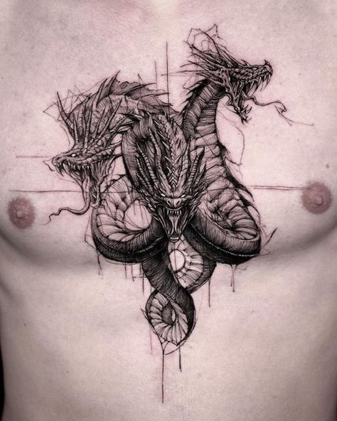 Hydra Tattoo, Dragon Tattoo Chest, Dragon Tattoo Arm, 9 Tattoo, Dragon Tattoo Ideas, Dragon Tattoos For Men, Sketch Style Tattoos, Funky Tattoos, Greek Mythology Tattoos