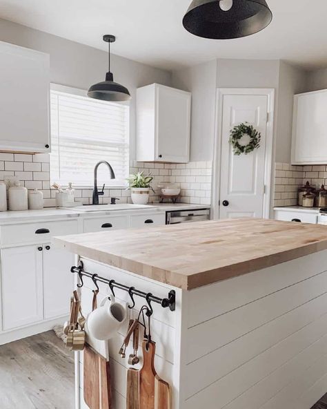 Kitchen With Butcher Block Island, Butcher Block Countertops Kitchen, Two Toned Kitchen Cabinets, Greige Kitchen, Butcher Block Island Kitchen, Kitchen Cabinets Ideas, Butcher Block Kitchen, Mobile Kitchen, Wood Countertop