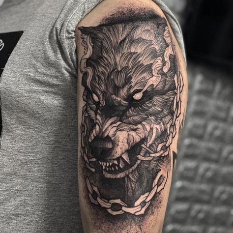 Wolf Tattoo Traditional, Side Stomach Tattoos, Fenrir Tattoo, Vikings Tattoo, Mens Shoulder Tattoo, Norse Tattoo, Nordic Tattoo, Wolf Tattoo Design, Large Tattoos