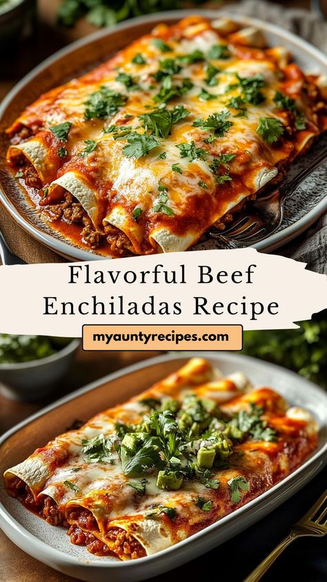 Satisfy your Mexican food cravings with our Flavorful Beef Enchiladas Recipe! These enchiladas are filled with seasoned beef, topped with cheese, and baked to perfection in a rich enchilada sauce. Perfect for family dinners or entertaining guests, this dish is simple to prepare and bursting with flavor. Serve with your favorite toppings for a delicious meal! Beef And Spinach Enchiladas, Enchilada Recipes Beef, New Mexico Enchiladas, Mexican Healthy Dinner Recipes, Red Enchiladas Beef, Beef Enchiladas With Cheese Sauce, Mexican Enchiladas Authentic, Ground Beef Enchiladas With Red Sauce, Enchilada Recipe Beef