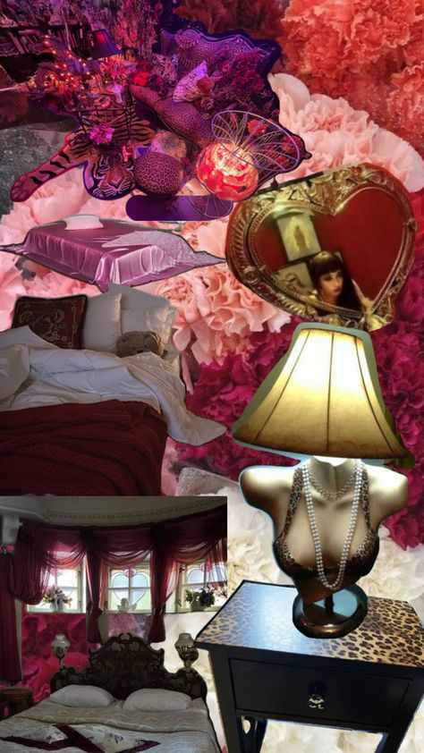 Dark Pink Bedroom Aesthetic, Burlesque Aesthetic Room, Hot Pink Bedroom Aesthetic, Hot Pink Bedroom, Maximalism Bedroom, Hollywood Interior Design, Pink Bedroom Aesthetic, Hot Pink Bedrooms, Bedroom Deco