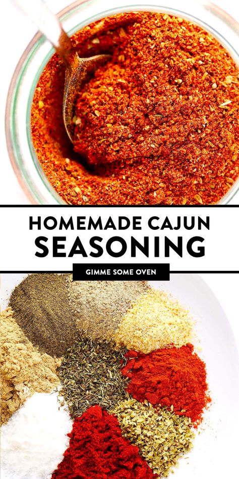 The best homemade Cajun Seasoning recipe! It only takes about 5 minutes to make, and tastes great on everything from chicken to shrimp, veggies to tofu, every kind of potato and more. Use it in a soup, stir-fry, pasta, kabob, dip, crackers, sheet pan dinner - you name it! It's the bold, zesty, spicy blend that kicks any dish up a delicious notch. | Gimme Some Oven #cajun #seasoning #spice #blend #spicy #glutenfree #homemade Jambalaya Soup, Cajun Seasoning Recipe, Homemade Cajun Seasoning, Stovetop Mac And Cheese, Dry Rubs, Cajun Pasta, Seasoning Recipe, Gimme Some Oven, Cajun Shrimp