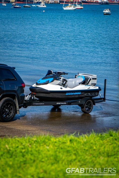 Built to carry a Sea-doo jet ski perfectly, this trailer will get your ski to and from the water in the style it deserves. Black Jet Ski, Jet Ski Trailer, Essentials For Camping, Yachts Luxury, Water Transport, Black Jet, Sea Doo, Jet Ski, Live Laugh Love