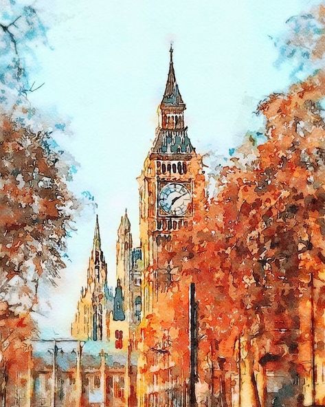 Art Drawings Landscape, Autumn London, Beginners Watercolor, Drawing Autumn, London Drawing, Painting On Canvas For Beginners, Kunstjournal Inspiration, London Painting, Watercolor Art Landscape