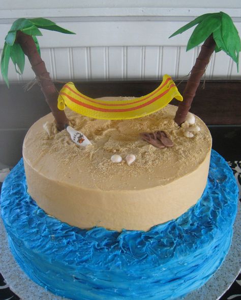 buttercream with edible hammock and other beachy stuff! Island Cake, Beach Themed Cakes, Beach Seashells, Ocean Cakes, Beach Cake, Retirement Cake, Fondant Cake Designs, Summer Cake, Beachy Stuff