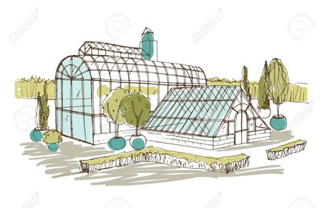 Greenhouse Sketch, Greenhouse Drawing, Glass House Garden, Growing In Pots, Glass Facade, Freehand Drawing, Garden Drawing, Interior Design Sketches, House Sketch