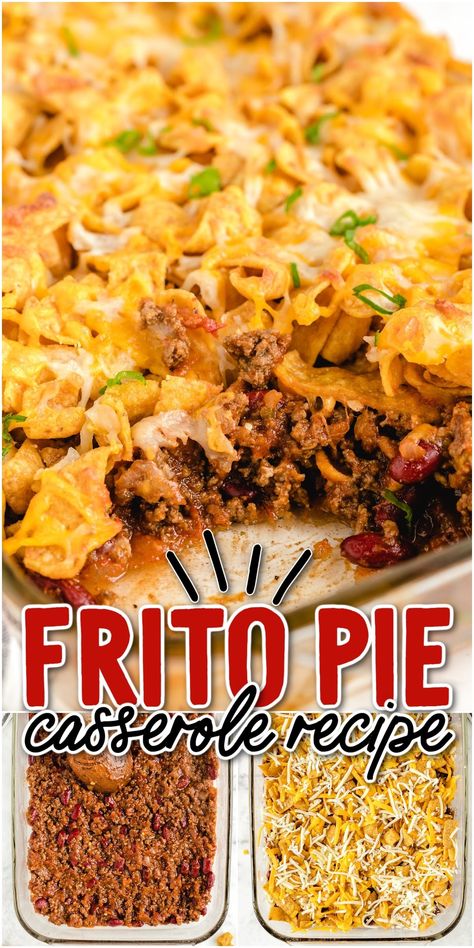 Thick and hearty, with gooey cheese and crunchy Frito corn chips, this easy recipe features bold flavors your family will love. Simple to make, you can have a dish of comfort food on the table in just 30 minutes. Frito Hamburger Casserole, Frito Chili Pie Recipe, Corn Chips Recipe, Frito Pie Recipe, Frito Pie, Beef Casserole Recipes, Hamburger Meat, Hamburger Recipes, Ground Beef Recipes For Dinner