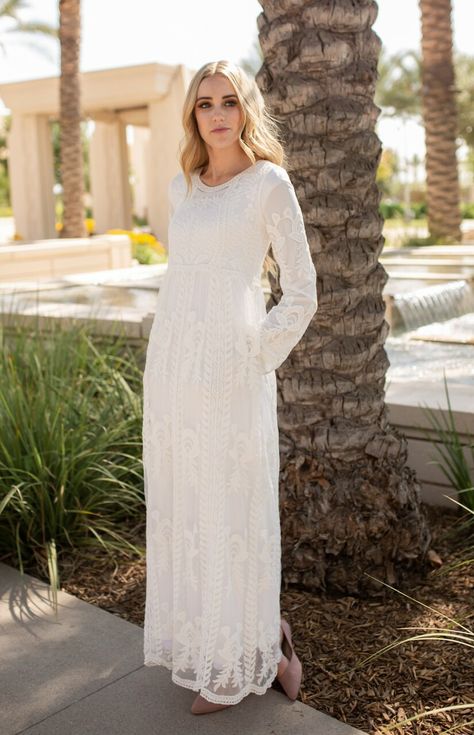 Weston White Lace Long Sleeve LDS Temple Dress | A Dressy Occasion Lds Temple Dresses, Temple Dresses, Lds Temple Dress, White Bohemian Dress, Pretty White Dresses, Bohemian Lace Dress, Purple Lace Dress, Temple Dress, Long Sleeve Wedding Dress Lace