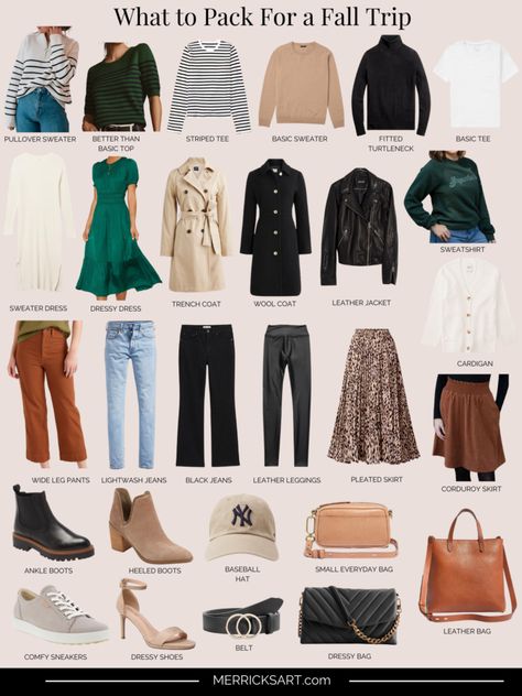 What to Pack For a Fall Trip - Merrick's Art Fall Packing List Outfits, Travel Capsule Wardrobe Fall, Weekend Trip Outfits, Outfits For Japan, Stylish Travel Outfit, Cute Travel Outfits, Merricks Art, Fall Travel Outfit, Gift Guide For Men