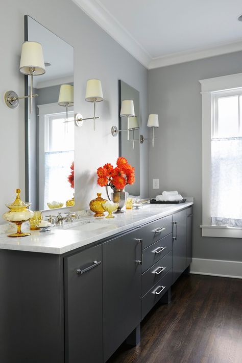 ash gray bathroom paint color Bathroom Color Schemes Gray, Neutral Bathroom Paint Colors, Grey Bathroom Paint, Popular Bathroom Colors, Best Bathroom Paint Colors, Best Bathroom Colors, Painting Bathroom Cabinets, Taupe Walls, Gray Bathroom Decor