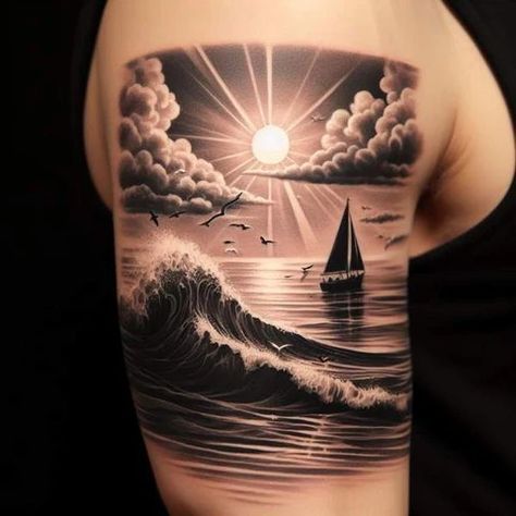 Beach Landscape Tattoo Design, Sunset Waves Tattoo, Beach Sand Tattoo, Sea Scape Tattoo, Ocean Fishing Tattoo, Sunset Tattoo For Men, Realistic Clouds Tattoo, Ocean Storm Tattoo, Sunset Over Water Tattoo