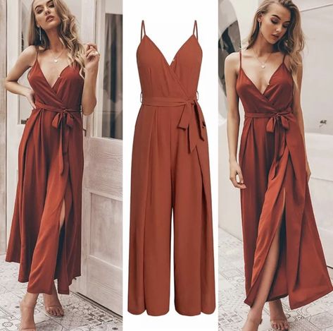 Terracota Wedding Guest Dress, Burnt Orange Jumpsuit Wedding, Terracotta Jumpsuit Bridesmaid, Terracota Summer Dress, Bridesmaid Jump Suits, Wedding Guest Inspo Outfit, Terracotta Outfit, Outfit Elegantes, Wedding Party Outfits