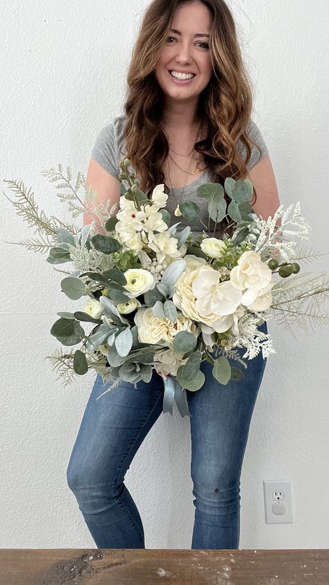 Diy Faux Flower Bouquets Wedding, How To Make Silk Flower Bouquet Wedding, Making Bouquets With Fake Flowers, Fake Flower Bridal Bouquets, Hobby Lobby Bouquet Diy, No Flower Wedding Bouquet, Fake Flower Wedding Bouquet, Diy Faux Bridal Bouquet, Diy Bridesmaid Bouquet Silk Flowers