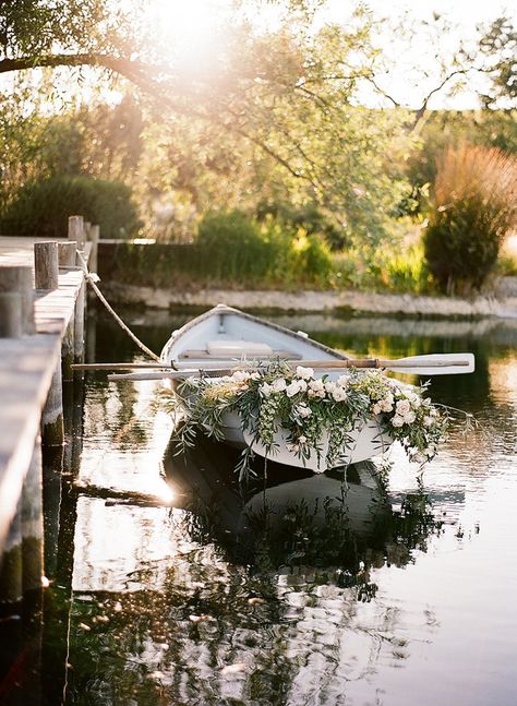 Boat With Flowers, Dock Wedding, Wedding Getaway Car, Wedding Getaway, Romantic Wine, Boat Wedding, Lakeside Wedding, Wine Country Wedding, Getaway Car