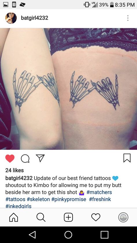 Skeleton Pinky Promise Tattoo, Pinky Promise Tattoo, Promise Tattoo, Matching Friend Tattoos, Yoga Tattoos, Pinky Swear, Knee Tattoo, Matching Tattoo, Best Friend Tattoos