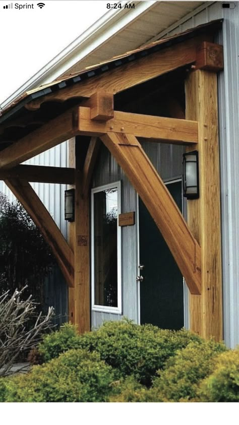 Exterior Shudder Ideas, Exterior Overhang Ideas, Wood Awnings Over Doors, Door Awnings Exterior Diy Wood, Entryway Overhang, Wood Awning Over Door, Front Porch Overhang Ideas, Gables On House Exterior, Awnings Over Doors