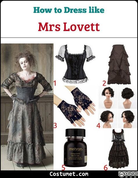 Mrs. Lovett costume is a long gothic dress full of lace and ribbons. Her hair is also in disarray.            #Female #movies #female #goth #HelenaBonhamCarter #SweeneyTodd Ms Lovett Costume, Tim Burton Costume Ideas, Broadway Halloween Costumes, Mrs Lovett Costume, Female Movies, Long Gothic Dress, Sweeney Todd Costume, Tim Burton Costumes, Vampire Pirate