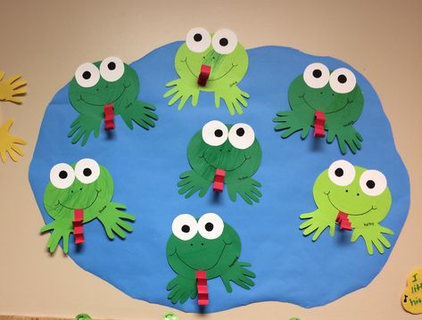 Handprint frogs. Frog Crafts For Preschoolers, Pre K Frog Crafts, Frog Art And Craft Preschool, Frog Art Activities, Simple Frog Craft, Tadpole To Frog Craft, Frog Crafts Preschool, Young Toddler Activities, Animal Crafts Preschool