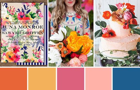 A bright and bold Orange Pink and Blue Wedding Colour Palette mixed with fun eclectic details... Pink And Blue Wedding, Bright Wedding Colors, Wedding Color Pallet, Orange Pink Color, Eclectic Wedding, Wedding Colour, Bright Wedding, Wedding Colors Blue, Color Palette Pink