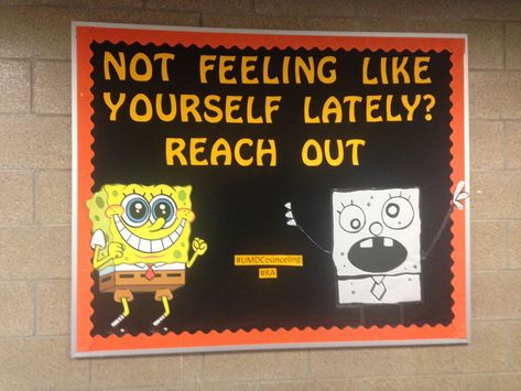 mental health spongebob themed board by Noah Gagnon @ Housing and Residence Life at University of MN Duluth Mental Health Ra Board, Spongebob Themed Classroom, Mental Health Bulletin Board Ideas, Mental Health Bulletin Board, Ra Activities, Hope Squad, School Counselor Bulletin Boards, Staff Bulletin Boards, Dorm Bulletin Boards