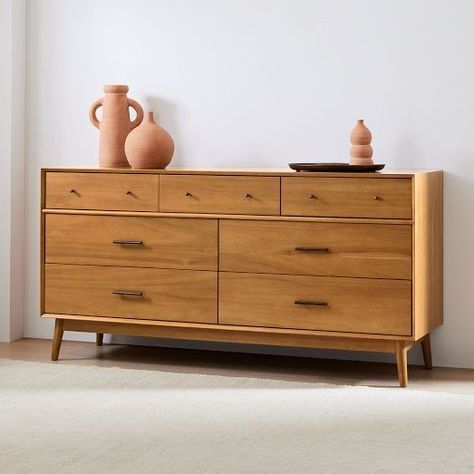 Modern Dressers & Chests | West Elm West Elm Dresser, West Elm Mid Century, Mid Century Bed, Low Dresser, Contemporary Dresser, Mid Century Bedroom, 8 Drawer Dresser, Mid Century Dresser, Wide Dresser