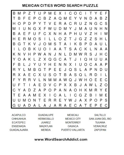 Mexican Cities Word Search Puzzle Spanish Word Search Free Printable, Simple Word Search For Kids, Wordsearch For Kids, Hard Word Search Free Printable, Word Search Printables Difficult, Mexican Words, Spanish Learning Activities, Word Search Puzzles Printables, Free Printable Word Searches