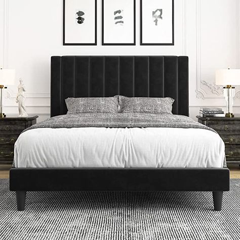 Amazon.com: Allewie Queen Bed Frame/Velvet Upholstered Bed Frame with Vertical Channel Tufted Headboard/Strong Wooden Slats/Platform Bed Frame/Mattress Foundation/Box Spring Optional/Easy Assembly/Black : Home & Kitchen Black Velvet Bed, Bed Frame Velvet, Channel Tufted Headboard, Leather Upholstered Bed, Letto King Size, Fabric Upholstered Bed, Velvet Bed Frame, Black Bed Frame, Steel Bed Frame