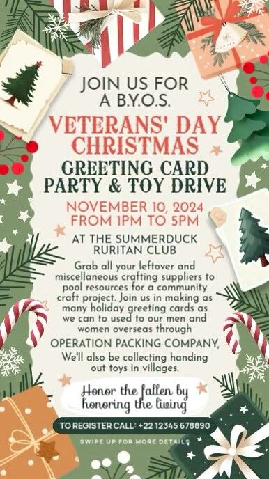 Veterans Day Christmas Card Making Party Template Card Making Party, Church Halloween, Christmas Card Making, Linkedin Background Image, Linkedin Background, Toy Drive, Kindle Book Cover, Party Template, Campaign Posters