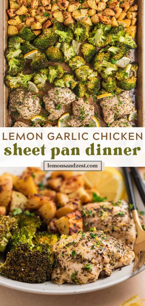 This simple dinner comes together on one pan! Sheet Pan Lemon Chicken and Broccoli along with crispy parmesan potatoes is a complete meal--with such little effort! This dinner recipe is one the whole family will beg for every week! Chicken And Broccoli Dinner, Sheet Pan Lemon Chicken, Pan Lemon Chicken, Healthy Sheet Pan Dinners, Garlic Lemon Chicken, Breakfast Peanut Butter, Broccoli Dinner, Baked Orange Chicken, Crispy Parmesan Potatoes