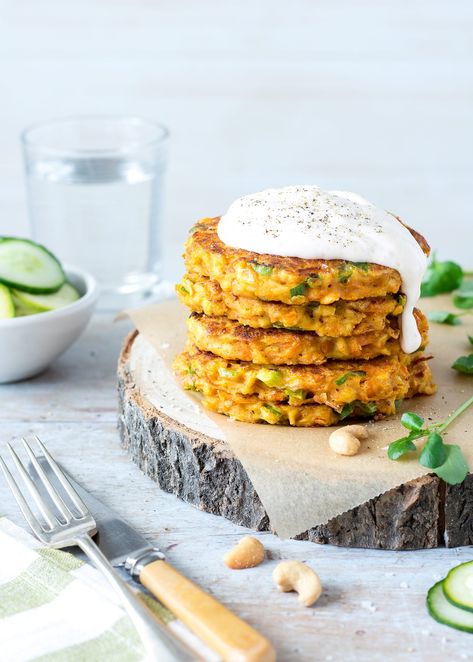 Grated tofu makes surprisingly delicious fritters! These tofu fritters have a hint of curry flavour and are served with quick pickled cucumber, cashews and a sweet chilli yoghurt sauce. Grated Tofu, Vegetarian Fritters, Vegetable Fritters, Yoghurt Sauce, Pickled Cucumber, Leafy Salad, Quick Pickled, Fritters Recipe, Recipe Cover