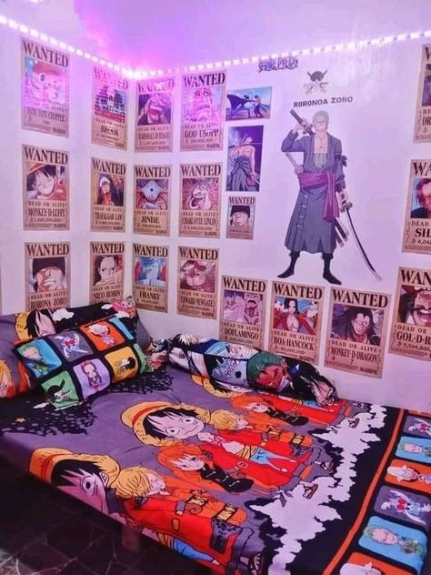 One Piece Anime Room Decor Ideas, Tokyo Themed Bedroom, One Piece Home Decor, One Piece Room Ideas Anime, Anime Theme Room, Otaku Room Ideas Bedrooms, One Piece Bedroom, One Piece Room Decor, One Piece Decor