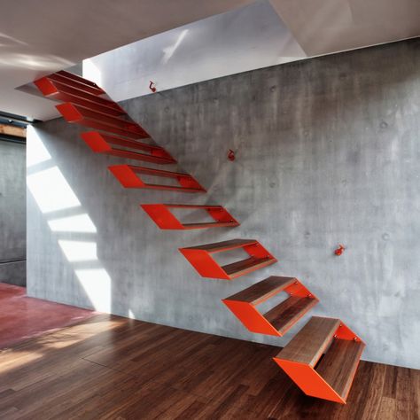 A Dozen Red Details Worth Swooning Over Escalier Design, Plans Architecture, Floating Stairs, Floating Staircase, Stair Case, Design Blogs, Lan Can, Pallet Crafts, Interior Stairs