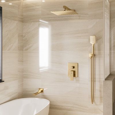 This luxury 3-in-1 shower system with a classical looking: the brushed gold finish and classical look shower system complement the decoration of your new bathroom. A dual-function shower faucet is in right now because this gives you the convenience of having one rainfall bath and one handheld sprayer which you could use for focusing on bathing your body. | CASAINC 3 Function Wall Mount Complete Rainfall Shower System w/ 3 Setting Handheld and Tub Spout yellow 10.0 in, Brass | DB-98103LSJ-10 | CS Golden Fixtures Bathroom, Champagne Gold Shower Fixtures, Bathrooms Gold Fixtures, Free Standing Tub With Shower Head, Shower With Gold Accents, Bathroom Brass Faucet, Gold Rain Shower Head, Bathroom Standalone Tub, Bathrooms With Brass Fixtures