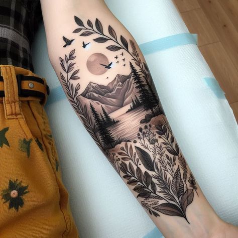 15 Majestic and Inspiring Mountain Tattoo Ideas to Reach New Heights Mountain Tattoo Designs For Women, Landscape Tattoos For Women, Weather Tattoo Sleeve, Mountains Leg Tattoo, Mountain Leg Sleeve, Forearm Nature Tattoo, Mountain And Sunset Tattoo, Mountain Tattoo Leg, Forest Calf Tattoo