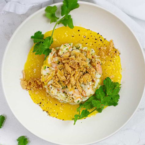 Shrimp Tartare with Mango Puree Shrimp Tartare, Frozen Cooked Shrimp, Tartare Recipe, Gluten Dairy Free Recipes, Mango Puree, Seafood Appetizers, Quick Appetizers, Cold Appetizers, Gluten Free Dairy Free Recipes