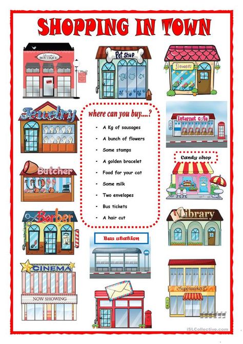 SHOPPING IN TOWN - English ESL Worksheets English Exercises, Esl Resources, Street Fair, English Vocab, English Resources, English Activities, Esl Teaching, Vocabulary Worksheets, Teaching Jobs