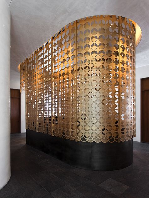 Michael Hsu, Steel Projects, Kempinski Hotel, Store Interiors, Leather Wall, Restaurant Concept, Curved Walls, Metal Screen, Round Rock