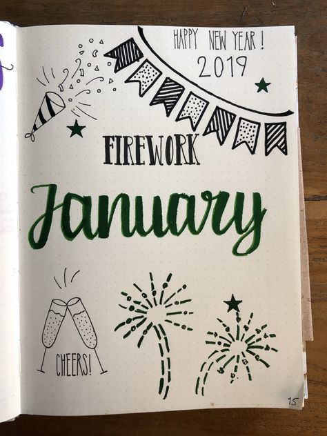 Bullet Journal January Cover Page, Champagne Celebration, Boulet Journal, January Bullet Journal, Creativity Ideas, Fall Drawings, Bullet Journal Ideas Templates, Bullet Journal Mood Tracker Ideas, Bullet Journal Paper