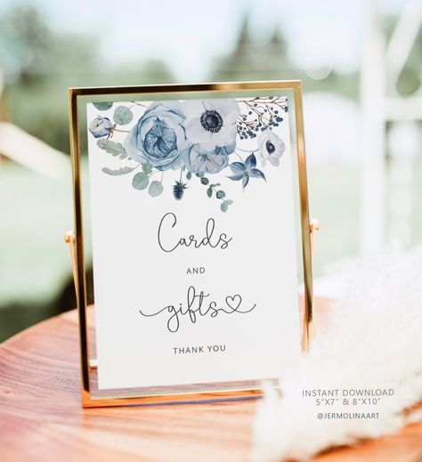 Dusty blue Cards and Gifts Sign in 2 Sizes. Winter Cards & Gifts Sign. Dusty blue bridal shower cards and gifts #dus Sweet Table Sign, Bridal Shower Bouquet, Ring Hunt, Winter Karten, Mimosa Bar Sign, Blue Bridal Shower, Bridal Shower Flowers, Bridal Shower Cards, Signature Drinks Sign