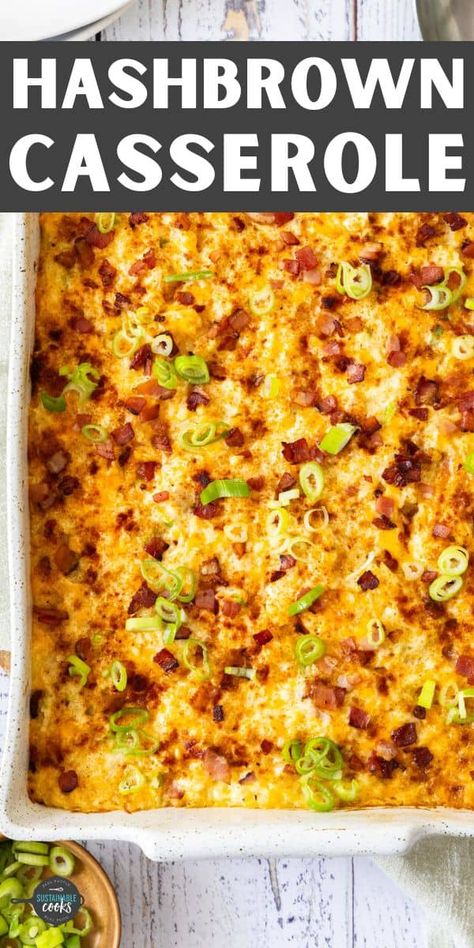 Brunches and potlucks call for dishes that feed a crowd and this Hashbrown Breakfast Casserole delivers. Supremely cheesy, creamy, and loaded with bacon and shredded potatoes, it’s going to disappear fast! Hashbrown Brunch Recipes, Bacon Potato Breakfast Casserole, Loaded Potato Casserole With Hashbrowns, Cheesy Potatoes Breakfast Casserole, Breakfast Casserole Shredded Potatoes, Breakfast Potatoes Hashbrown, Overnight Potato Breakfast Casserole, What To Do With Hashbrowns, O'brian Potatoes Casseroles