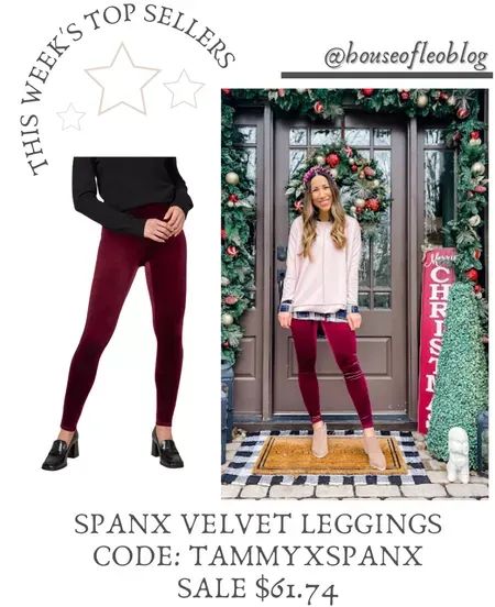 Spanx, velvet leggings, Spanx Sweatshirt Code: tammyxspanx Small top Small petite pants #LTKsalealert #LTKHoliday #LTKunder100 Burgundy Velvet Leggings Outfit, Styling Velvet Leggings, Sequins Leggings Outfit, Velvet Leggings Outfit, Leggings Outfit Dressy, Faux Leather Leggings Red, Walmart Faux Suede Leggings, Printed Leggings Outfit, Trendy Red Non-stretch Leggings