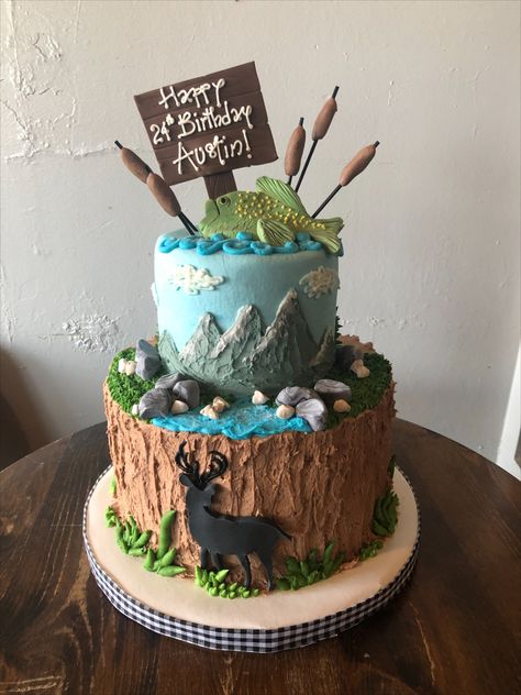 Fishing And Hunting Cake, Hunting And Fishing Cake, Outdoor Birthday Cake, Fishing Cake Ideas, Fishing Birthday Cake, 60th Birthday Cake For Men, Hunting Birthday Cakes, Groomsman Cake, Cowboy Birthday Cakes