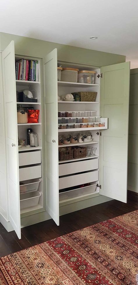 Pax Pantry Organization, Ikea Cupboard Storage, Pax In Kitchen, Ikea Diy Pantry, Pax Kitchen Storage, Ikea Larder Cupboard Hack, Pax Pantry Ideas, Ikea Built In Pantry, Ikea Pax Kitchen Pantry