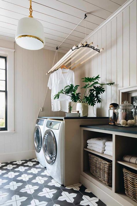 Jean Stoffer Design, Jean Stoffer, Stacked Laundry Room, Drying Rack Laundry, Laundry Room Inspiration, Laundry Room Diy, Interior Windows, Kitchen Ceiling, Laundry Mud Room