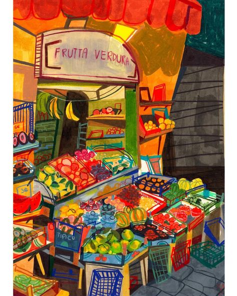 I am deeply and badly addicted to fruit and vegetables stores, and probably food markets in general🥲 Any other better place for color… | Instagram Vegetable Drawing, Fruit Artwork, Vegetable Painting, Hello Sunday, Fruit Shop, Food Painting, Fruit Painting, High Art, Fruit Art