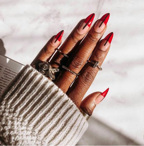 Edgy Nails Acrylic Grunge Short Almond, Vday Stilleto Nails, Black And Red Pointy Nails, Bold Nail Designs For Short Nails, Modern Red Nails, Trendy Nail Art Almond, Red Cool Nails, Baddie Almond Nails Red, Aesthetic Almond Nails Designs