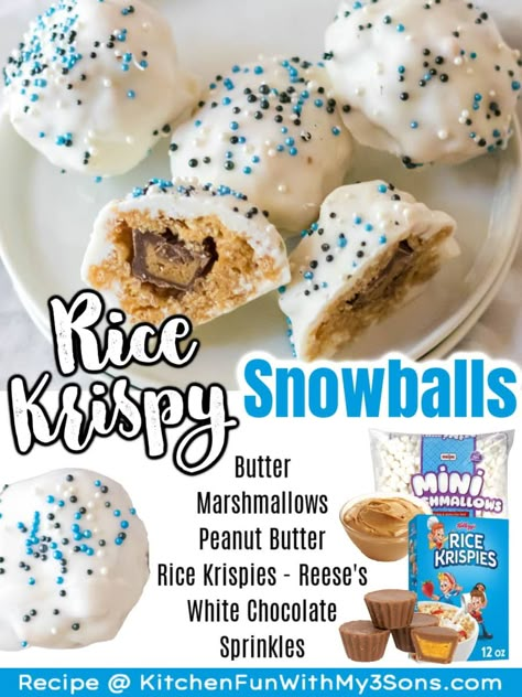 These Rice Krispie Snowballs are so easy to make and perfect for the Holidays! We have made a ton of No Bake peanut butter balls and theses are extra special including marshmallows, peanut butter, Rice Krispies, Reese's Mini's, and white chocolate almond bark. Rice Krispie Snowballs, White Chocolate Rice Krispie Balls, Christmas Rice Krispie Treats Ideas, Rice Krispie Peanut Butter Balls, Candies Homemade, Cereal Desserts, Rice Krispie Balls, Christmas Trays, Snowballs Recipe