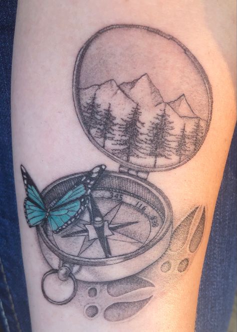 compass. family. mountains. trees. butterfly. White Tail deer. tracks. trauma warrior. strength. tattoo. Compass Tattoo With Butterfly, Butterfly Compass Tattoo, Deer Track Tattoo, Compas Tattoo, Camping Tattoo, Deer Tracks, White Tail Deer, Flying Tattoo, Compass Tattoo Design