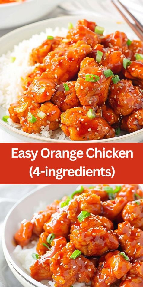 Easy Orange Chicken (4-ingredients) 3 Ingredient Orange Chicken Sauce, Chinese Food Recipes Orange Chicken, Orange Chicken Sauce Recipe Easy, Easy Fast Weeknight Dinners, Orange Chicken And Rice Recipes, Home Made Orange Chicken Recipe, Chicken Nuggets Meal Ideas, Fast Dinner Recipes For Family, Recipe With Chicken Nuggets