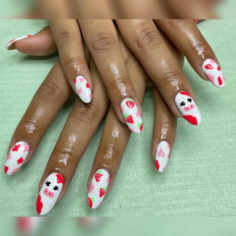 Strawberry Cow Nails Acrylic, Strawberry Milk Cow Nails, Strawberry Cow Nails, Strawberry Acrylic Nails, Pink Cow Nails, Strawberry Nails Acrylic, Strawberry Nails Designs, Pink Strawberry Nails, Strawberry Milk Nails